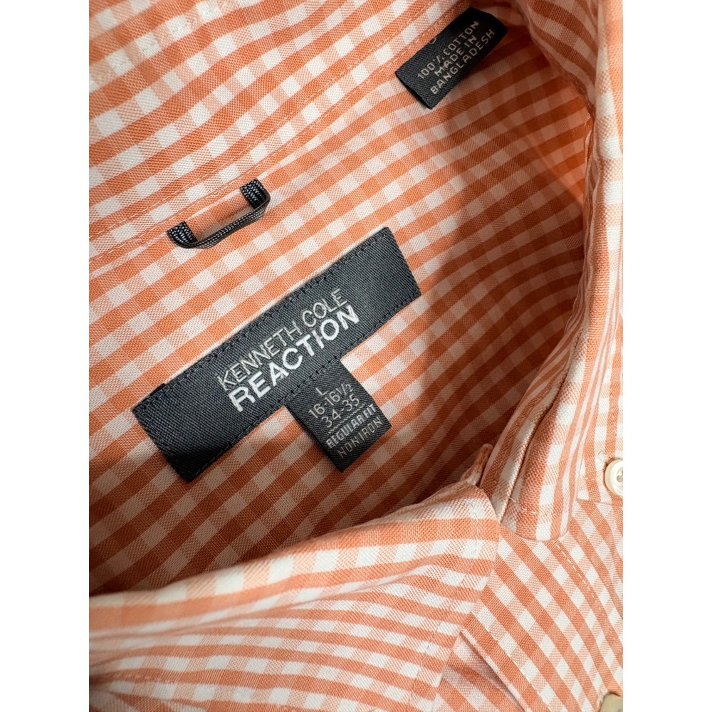 Kenneth Cole Reaction Mens Orange‎ Gingham Button Down Shirt L 16-16.5 34-35 - Picture 2 of 8